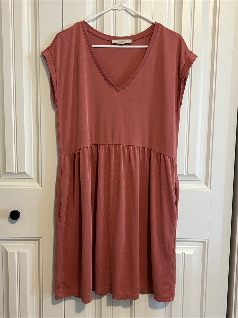 LOFT Dusty Rose V-Neck Smocked-Waist Cap Sleeve Dress